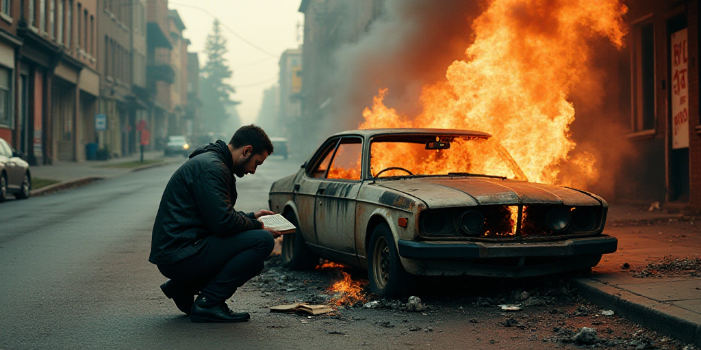 a man kneeling down next to a burned car on a street corner with a book in front of him, Emerson Sil