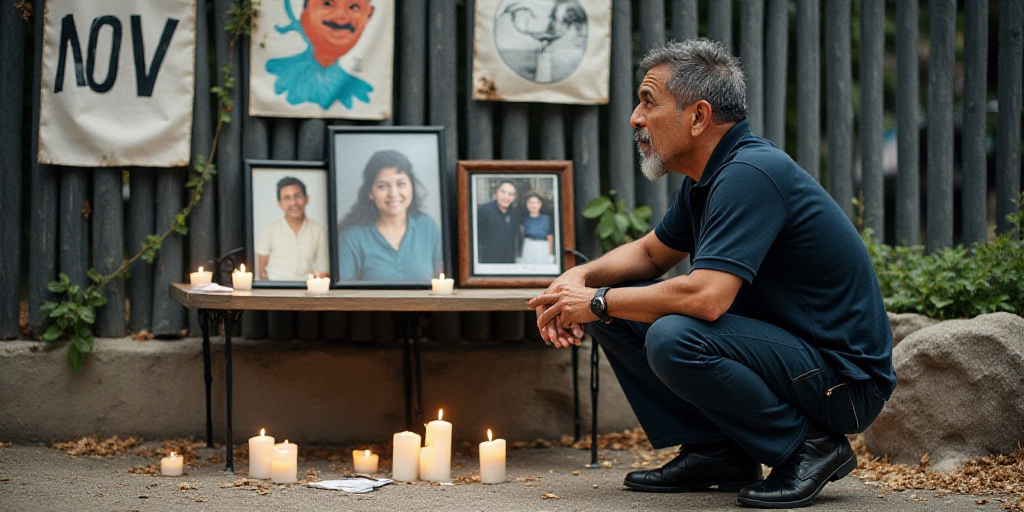 a man kneeling down next to a table with pictures on it and candles in front of him and a fence with