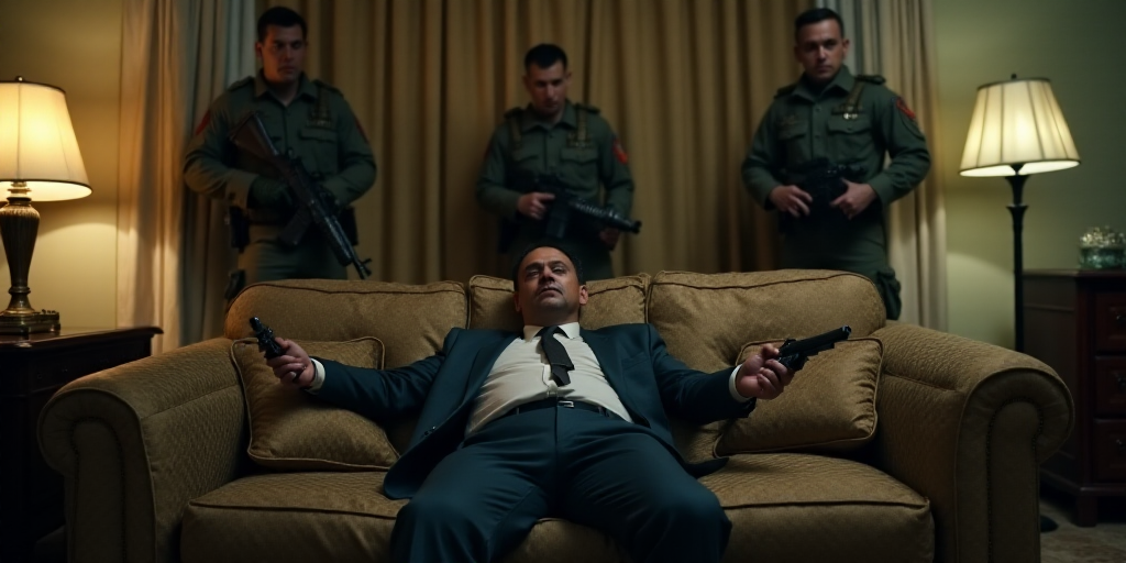 a man laying on a couch with a gun in his hand and two soldiers standing behind him in a room, Estua