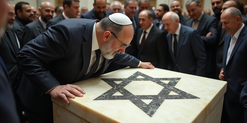 a man leaning over a large box with a star of david on it and people surrounding him looking at it,