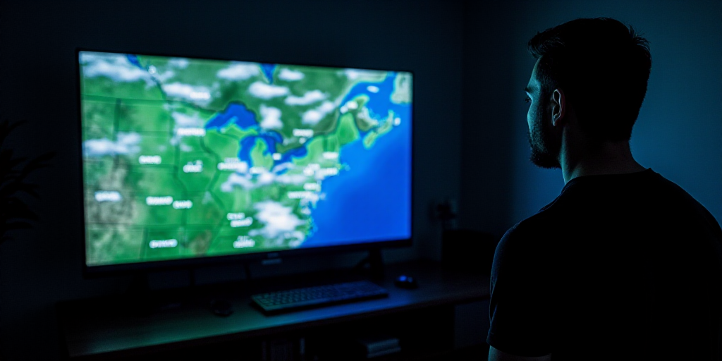 a man looking at a weather map on a tv screen in a dark room with a man in a black shirt, Dave Arred