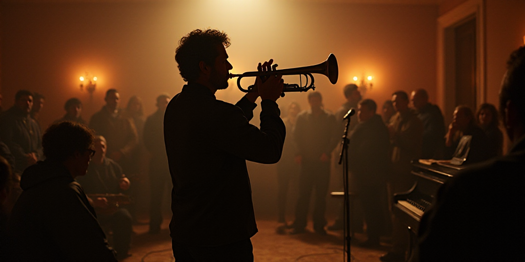 a man playing a trumpet in front of a band of people in a room with a piano and a microphone, Bedwyr