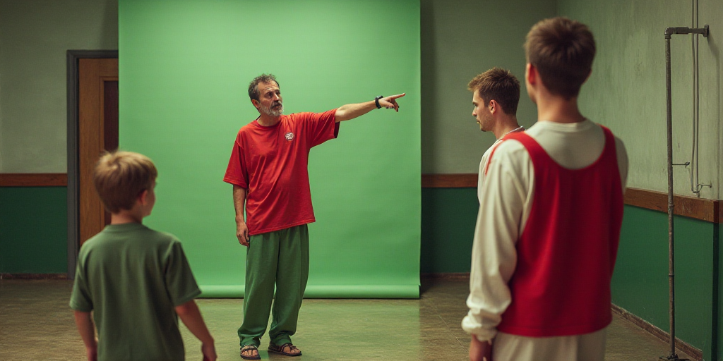 a man pointing at something while wearing a red shirt and green pants and a red and white shirt and