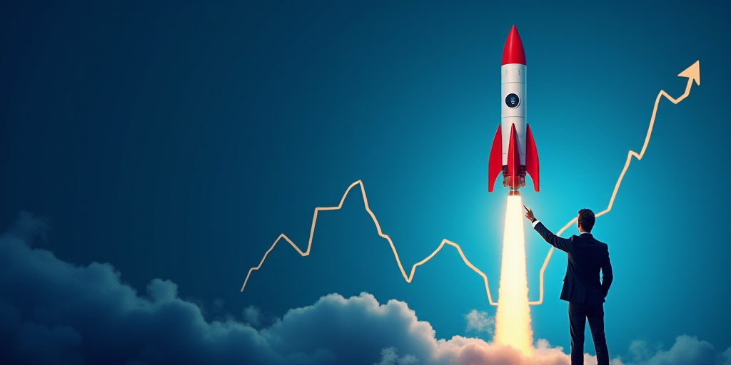 a man pointing to a rocket on a chart with a blue background and a line going up the side, Andries S