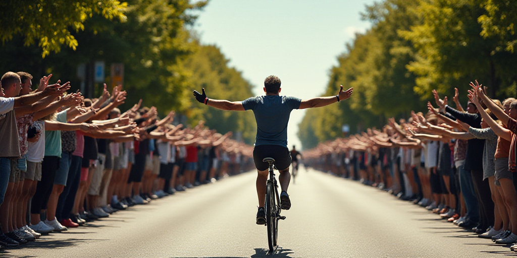 a man riding a bike down a street next to a crowd of people on a bike path with their arms outstretc