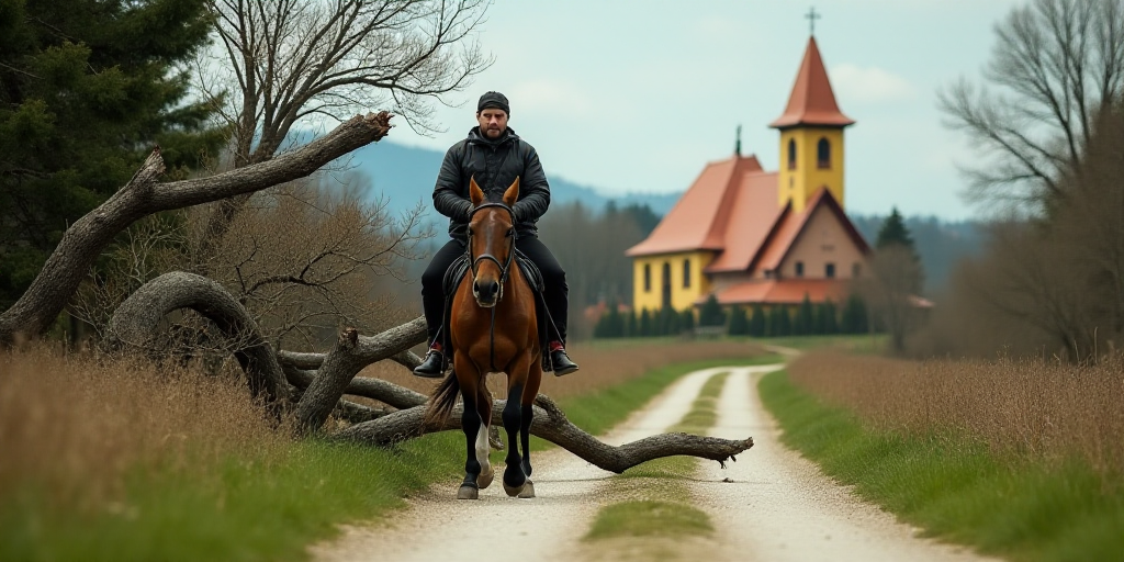 a man riding a horse down a road next to a fallen tree and a church in the background with a yellow