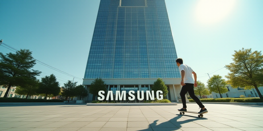 a man riding a skateboard past a tall building with a samsung sign in front of it on a sunny day, An