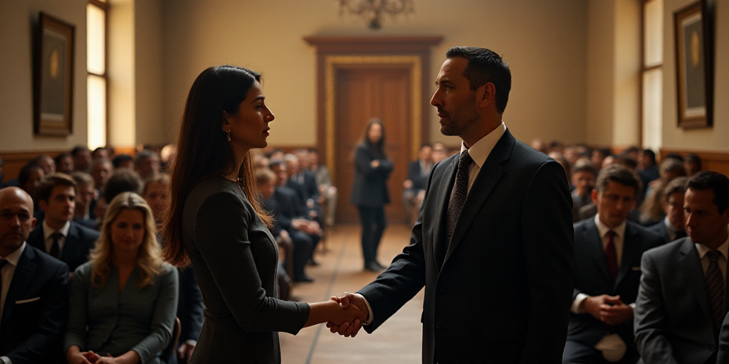 a man shaking hands with a woman in a room full of people sitting down and standing around him,, Car