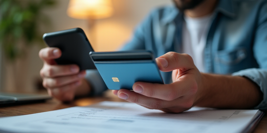 a man sitting at a desk holding a smart phone and a credit card in his hand while looking at his pho
