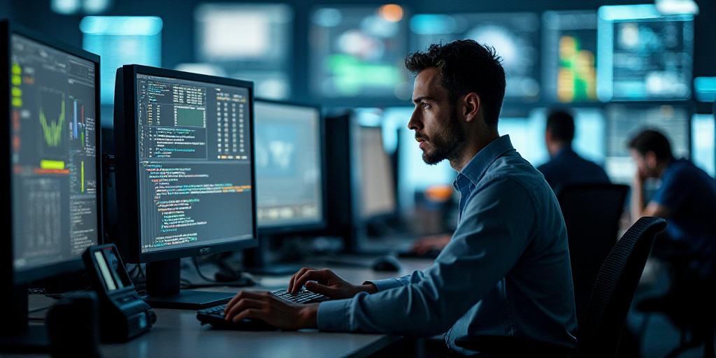 a man sitting at a desk in front of a computer monitor with a lot of screens on it and people in the
