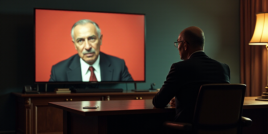 a man sitting at a desk in front of a tv with a picture of a man on it on the screen, Boris Vladimir