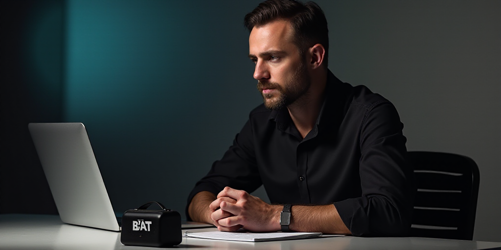 a man sitting at a desk with a laptop and a cell phone in front of him with the word bat on it, Bál