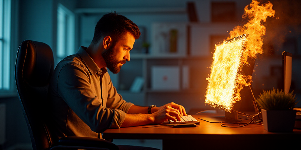 a man sitting at a desk with a computer on fire in front of him and a computer on fire in the backgr