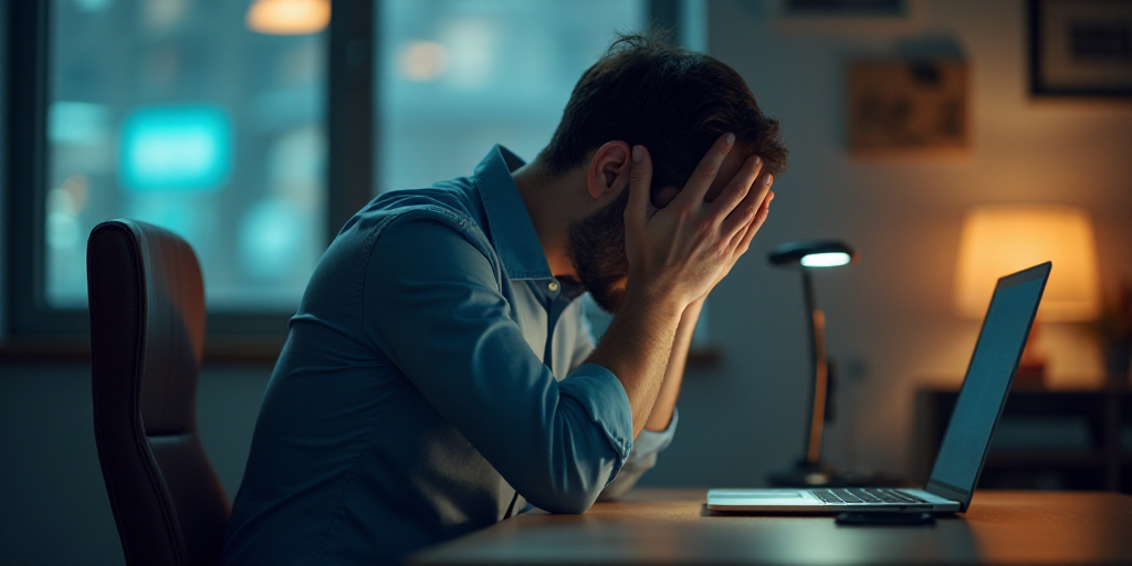 a man sitting at a desk with his head in his hands and a laptop on the desk behind him, Évariste Vi