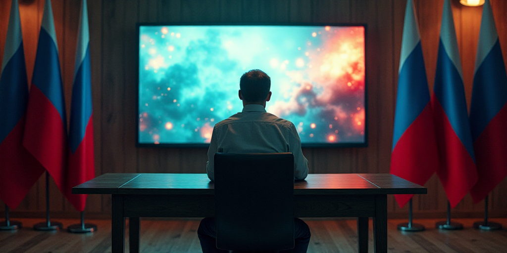 a man sitting at a table in front of a tv screen in a room with flags and a television, Aleksandr Ge