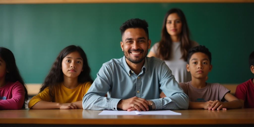 a man sitting at a table with children in front of him and a woman standing behind him with a surpri