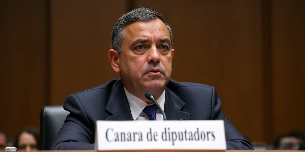 a man sitting at a table with microphones in front of him and a sign behind him that says canara de