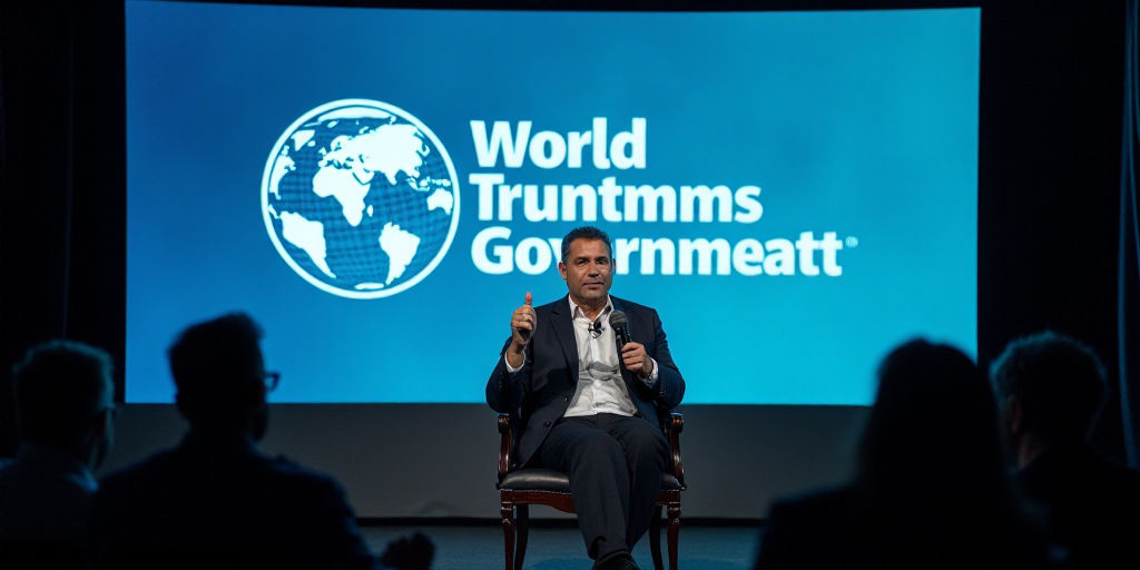 a man sitting in a chair talking into a microphone in front of a screen with a world governments sum