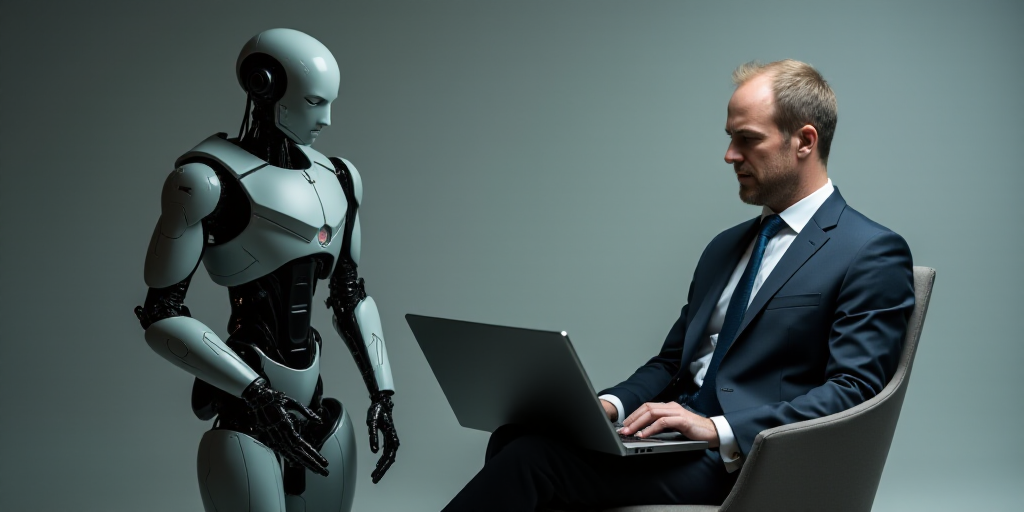a man sitting in a chair with a laptop in front of him and a robot behind him, both of which are wea