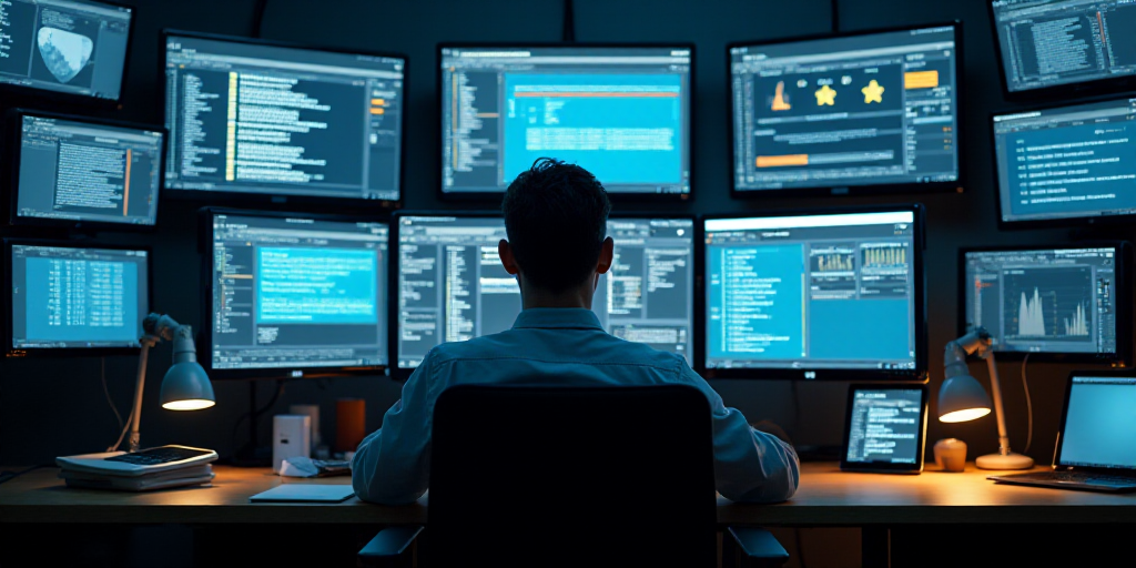 a man sitting in front of a computer monitor with multiple screens on it and a lot of other electron