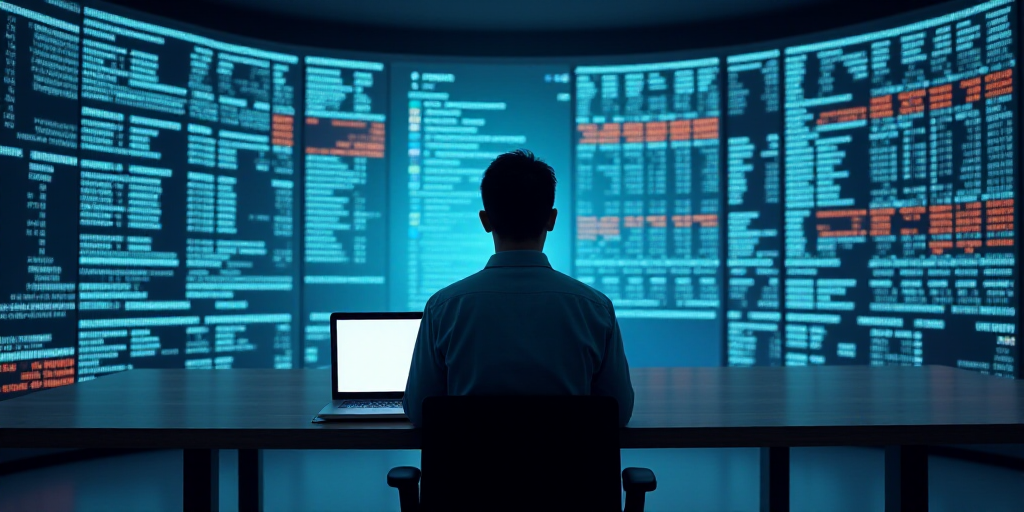 a man sitting in front of a large screen with numbers on it and a laptop on his lap,, Ai-Mitsu, tech