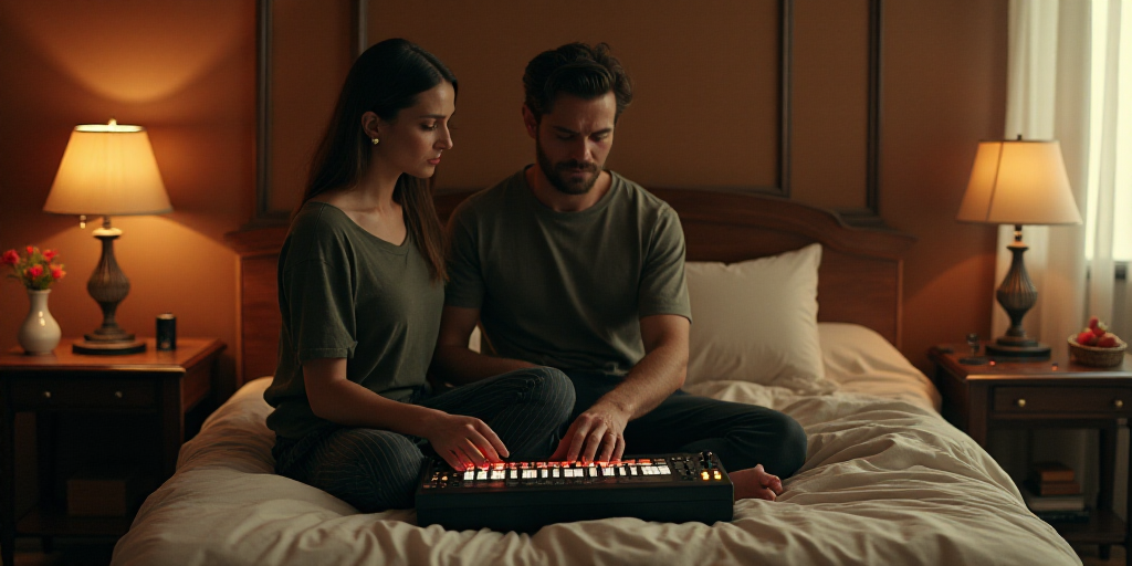 a man sitting on a bed with a sound board on his lap and a woman standing next to him, Felix-Kelly,