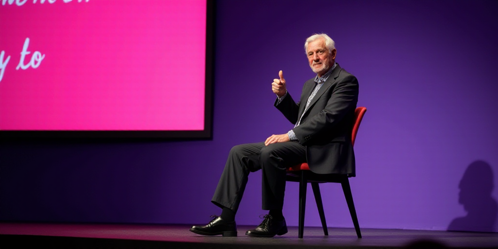 a man sitting on a chair giving a thumbs up sign on stage with a purple background and a pink and wh