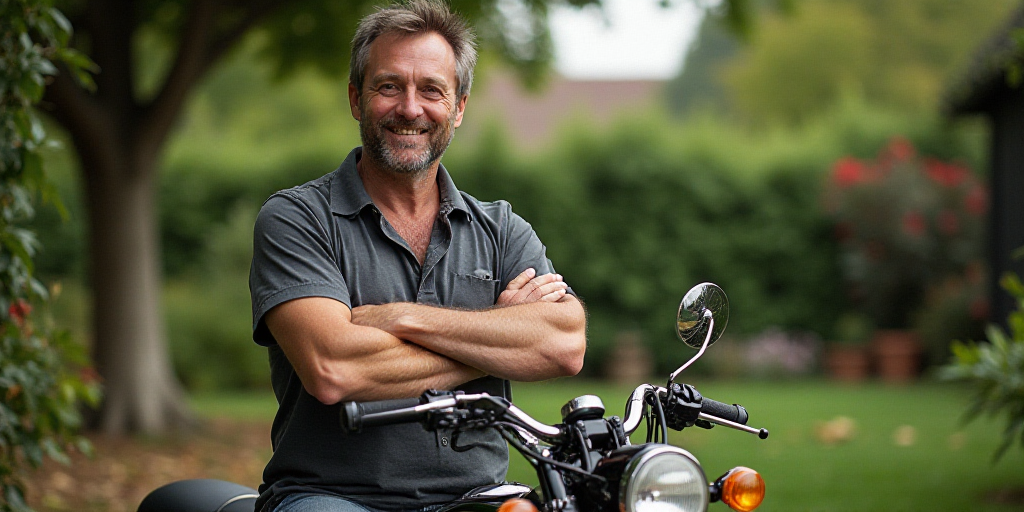 a man sitting on a motorcycle in a garden with a smile on his face and arms crossed, with his arms c