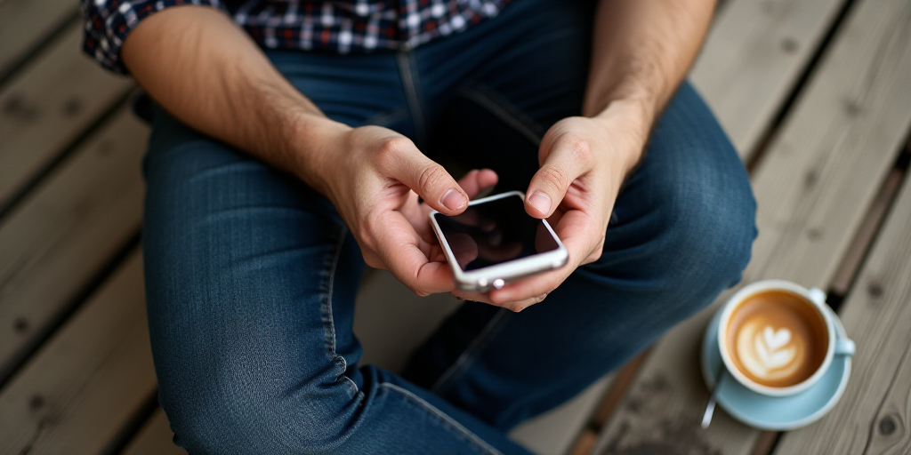 a man sitting on a wooden floor using a cell phone and a cup of coffee next to him on a wooden deck,