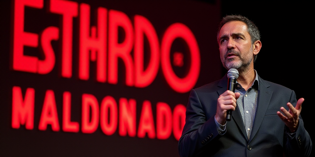 a man speaking into a microphone while holding a microphone in his hand and a red sign behind him th
