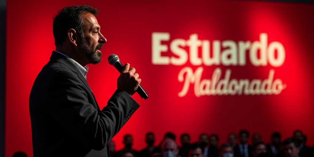 a man speaking into a microphone while holding a microphone in his hand and a red sign behind him th