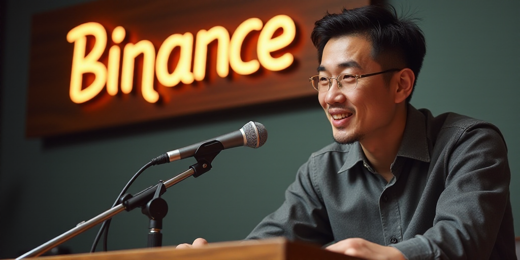 a man speaking into a microphone in front of a sign that says binancee on it and a microphone in fro