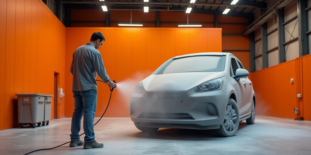 a man sprays down a large metal structure in a warehouse with orange walls and beams and a ceiling,