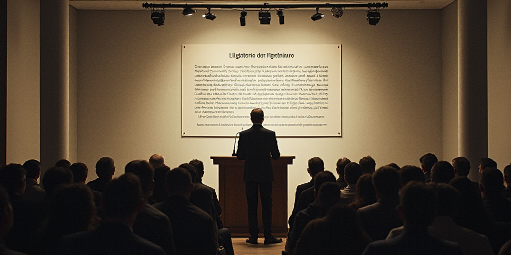 a man standing at a podium in front of a crowd of people in front of a wall with a sign, Carlos Fran