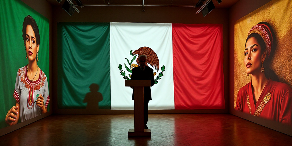a man standing at a podium in front of a flag and a poster of a woman in mexico on the wall, David A