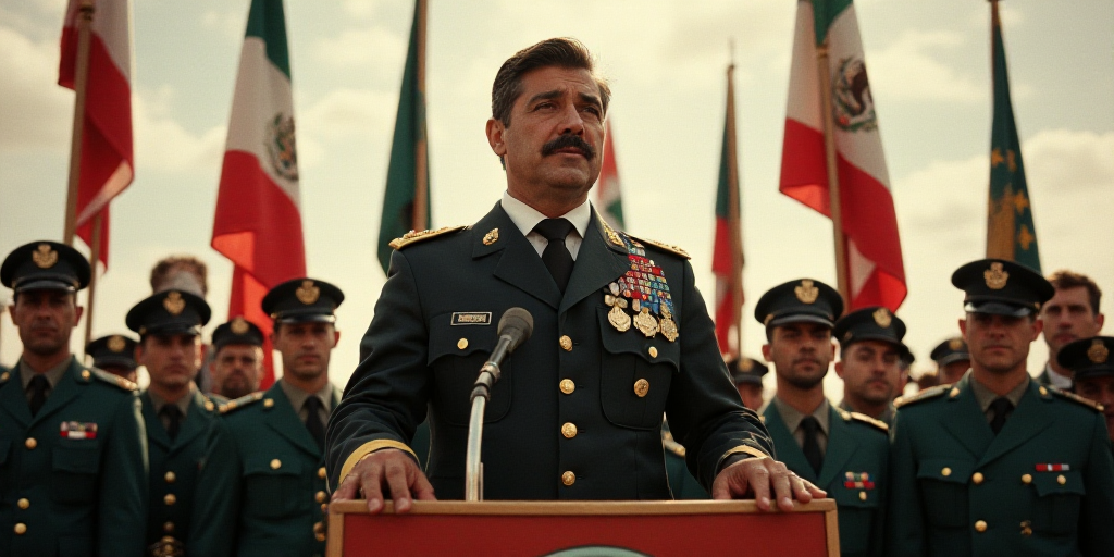 a man standing at a podium in front of a crowd of people in uniform and flags behind him is a man in