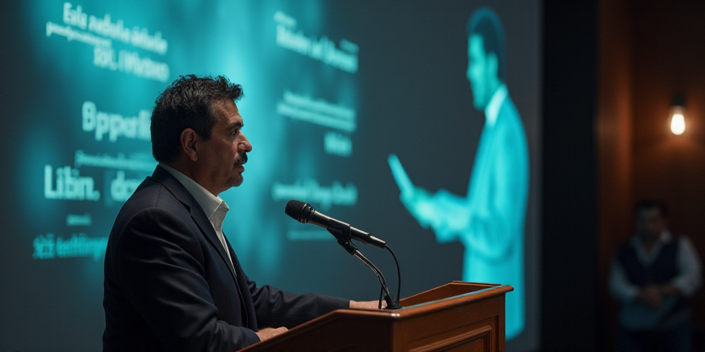 a man standing at a podium in front of a microphone and another man standing behind him with a piece