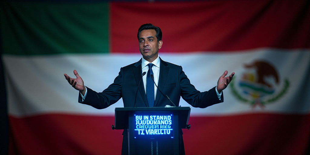 a man standing at a podium with a flag behind him and a flag behind him behind him and a sign that s