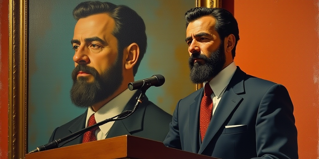 a man standing at a podium with a microphone in front of a painting of a man with a beard, Carlos Fr