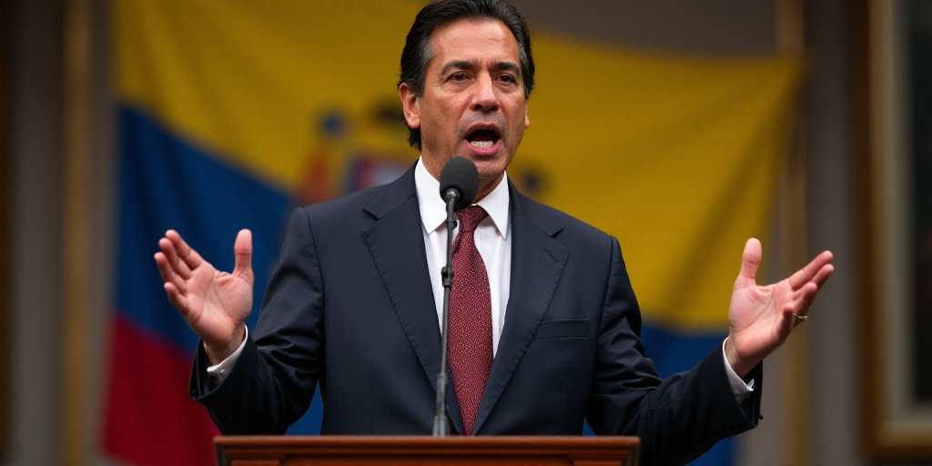 a man standing at a podium with his hands out in front of him and a flag behind him and a microphone