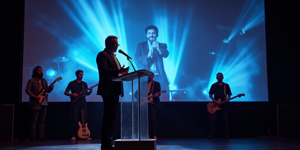 a man standing at a podium with a microphone in his hand and a band behind him and a large screen be