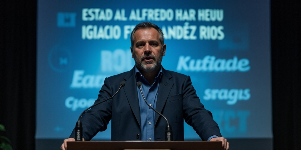 a man standing at a podium with a microphone in front of him and a sign behind him that says estad a