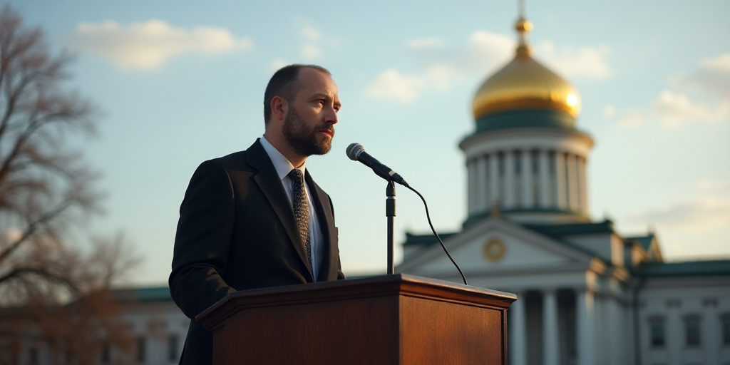 a man standing at a podium with a microphone in front of a building with a dome on it and a gold dom