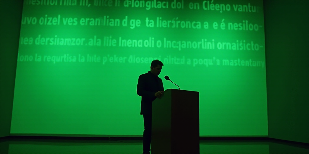 a man standing at a podium with a microphone in front of him and a green wall behind him with white