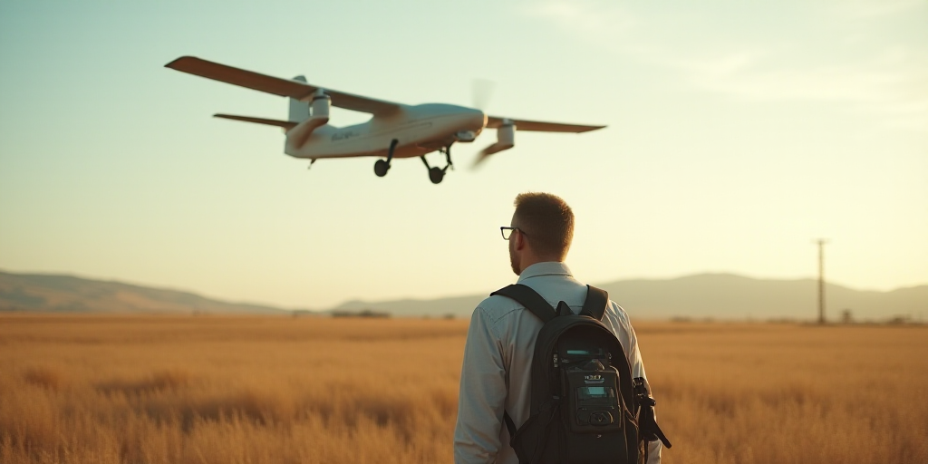a man standing in a field watching a small plane fly by in the distance with a camera attached to hi