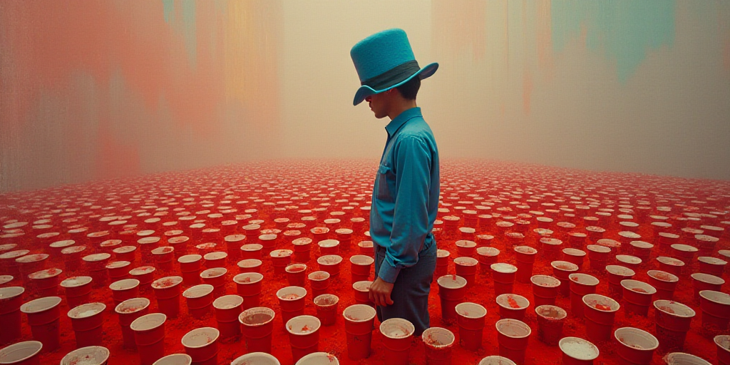 a man standing in a room full of red and white cups with a blue hat on top of them, Dahlov Ipcar, oi