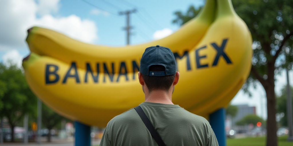 a man standing in front of a bananamex sign with trees in the background and a man in a baseball cap