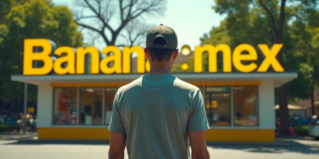 a man standing in front of a bananamex sign with trees in the background and a man in a baseball cap