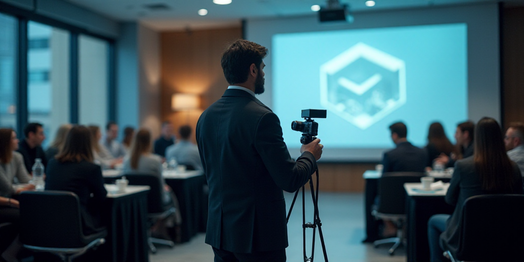 a man standing in front of a crowd of people in a conference room with a camera on a tripod, Brian F
