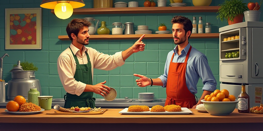 a man standing in front of a counter with food on it and a man standing behind him pointing at somet